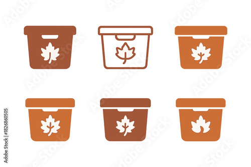 Autumn Cleaning Icons. Autumn home cleaning and organization. Icon set. Set Logo of Autumn home cleaning and organization: labeled storage bins with maple