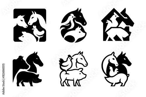 Farming Animal Logos. farming animals in action. Icon set. Set Logo of farming animals in action: barnyard animal interaction. harmonious logo variations of