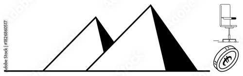 Two triangular pyramids with sharp angles, adjacent office chair with clean lines, and a coin with currency sign placed diagonally. Ideal for design, economy, innovation, geometry, abstract art