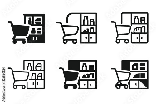 Groceries Logo Set. Putting groceries away. Icon set. Set Logo of putting groceries away: grocery cart beside cabinet with stocked items. harmonious logo