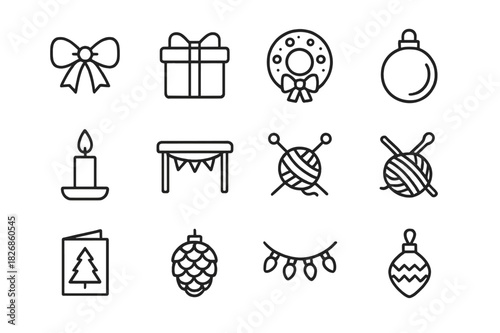 Craft Fair Icons. Craft fair display. Line icon set of Craft fair display: ribbon, gift box, wreath, ornament ball, candle, craft table, knitting needles,