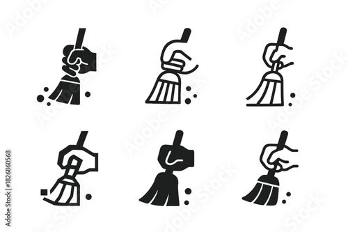 Janitorial Logo Variations. Sweeping the Floor. Icon set. Set Logo of janitorial work: hand holding broom sweeping dust. harmonious logo variations of the same