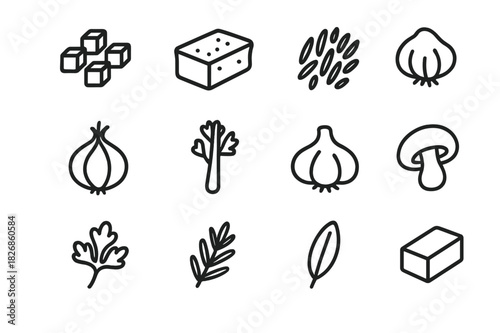 Stuffing Icon Set. Stuffing Mix Variety. Line icon set of Stuffing Mix Variety: bread cubes, cornbread, wild rice, onion, celery, garlic, mushroom, parsley,