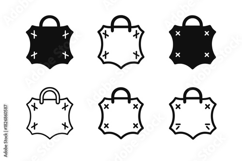 Leathercraft Logo Variations. Leatherworking and creating custom bags. Icon set. Set Logo of leathercraft: cross-stitched patch. harmonious logo variations of