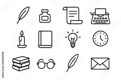 Creative Writing Icons. Creative writing. Line icon set of creative writing: feather pen, ink bottle, paper scroll, typewriter, candle, notebook, idea bulb,