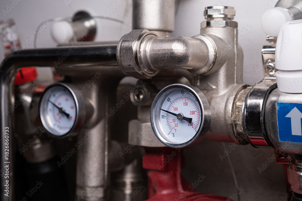 Fototapeta premium Complex residential heating manifold system with valves, gauges, and piping network