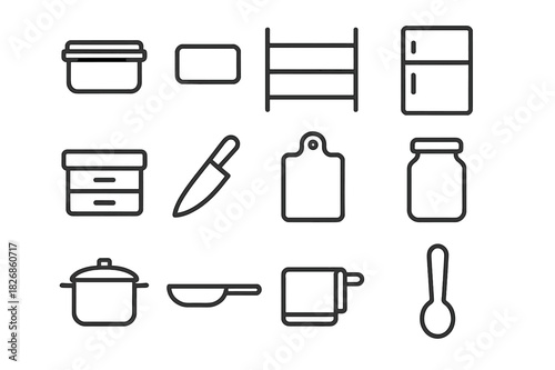 Kitchen Icon Set. Kitchen organization. Line icon set of kitchen organization: container, label, shelf, fridge, drawer, knife, cutting board, jar, pot, pan,