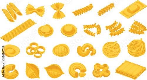  Large Collection of Different Italian Pasta Shapes Vector Illustration Set Penne, Farfalle, Fusilli, Spaghetti, Lasagna, and Ravioli for Food Designs..