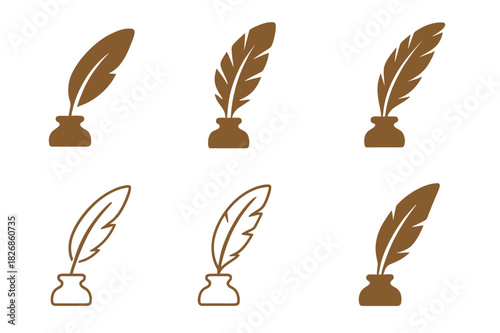 Vintage Magazine Logos. Vintage magazine. Icon set. Set Logo of vintage magazine: old-fashioned quill. harmonious logo variations of the same emblematic