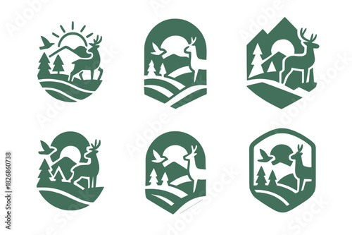 Eco-Tourism Emblem Set. Eco-tourism with wildlife preservation. Icon set. Set Logo of eco-tourism with wildlife preservation: wildlife sanctuary landscape with