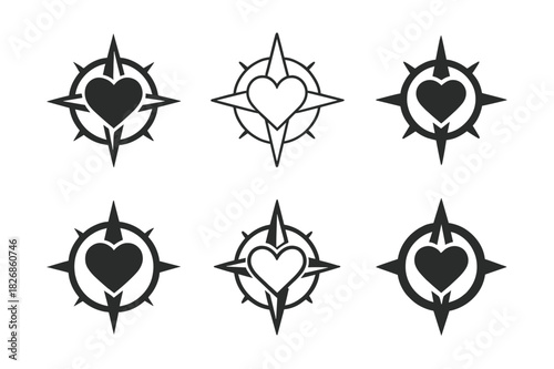 Emotional Intelligence Logos. Emotional intelligence leadership. Icon set. Set Logo of Emotional intelligence leadership: compass guided by a heart. harmonious