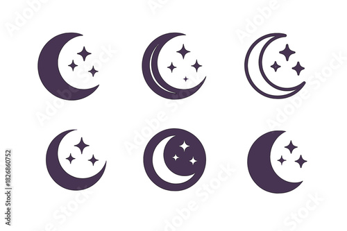 Cosmic Logo Variations. cosmic view. Icon set. Set Logo of cosmic view: crescent moon and stars. harmonious logo variations of the same emblematic concept,
