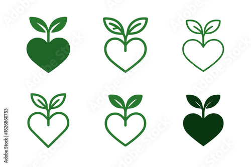 Birth Icon Variations. Birth. Icon set. Set Logo of Birth: heart with growing sprout. harmonious logo variations of the same emblematic concept, each with