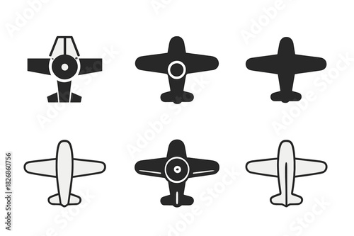 Historic Transport Icons. Historical transportation methods (ships, planes, automobiles). Icon set. Set Logo of historical transport: propeller airplane.