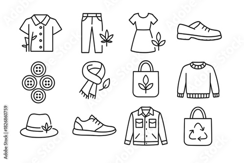 Plant-Based Fashion Icons. Plant-based fashion. Line icon set of Plant-based fashion: bamboo shirt, hemp pants, linen dress, cork shoes, wooden buttons,