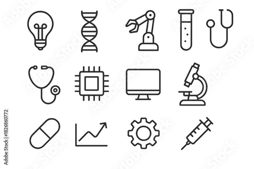 Medical Innovation Icons. Medical innovation. Line icon set of medical innovation: light bulb, DNA, robot arm, test tube, stethoscope, chip,