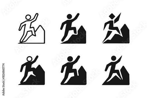 Overcoming Challenges Icons. Person overcoming challenges. Icon set. Set Logo of Person overcoming challenges: Stairs to star. harmonious logo variations of