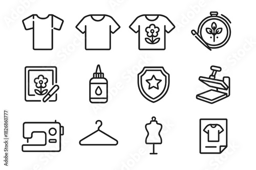 Custom Apparel Icons. Customized apparel set. Line icon set of Customized apparel set: t-shirt template, plain t-shirt, printed t-shirt, embroidery design,