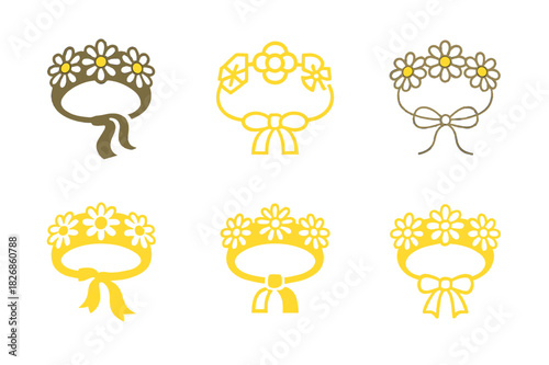 Flower Accessory Logos. Flower crown and summer accessories. Icon set. Set Logo of seasonal style: daisy hairpin and ribbon. harmonious logo variations of the