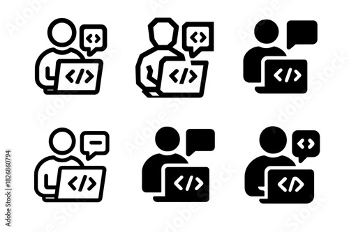 Developer Workspace Logos. developer coding in a collaborative workspace. Icon set. Set Logo of developer coding in a collaborative workspace: code window and