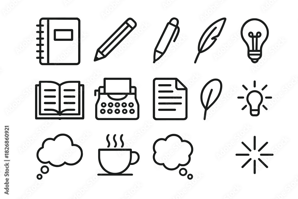 Fototapeta premium Notebook Icon Set. Idea Notebook. Line icon set of Idea Notebook: notebook, pencil, pen, quill, open book, typewriter, paper sheet, lightbulb, idea cloud,