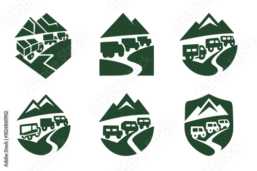 Military Convoy Icons. Military convoy. Icon set. Set Logo of military convoy: Convoy on mountain road. harmonious logo variations of the same emblematic