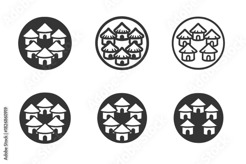 Cultural Icon Logos. Cultural tourism in isolated communities. Icon set. Set Logo of cultural tourism in isolated communities: circle of huts representing