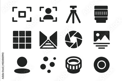 Photography Icons Set. Photography Essentials. Solid icon set of Photography Essentials: DSLR camera, tripod, soft light, reflector, aperture icon, lens,