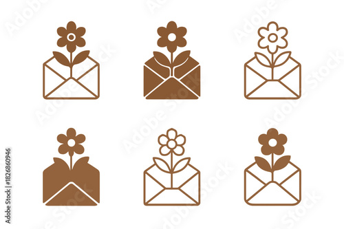 Mother's Day Floral Icons. Mother?s Day flower arrangements and gifts. Icon set. Set Logo of Mother?s Day flower arrangements and gifts: envelope with floral