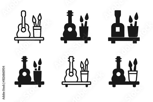 Creative Hobby Logos. Making space for personal hobbies. Icon set. Set Logo of making space for personal hobbies: organized desk. harmonious logo variations of