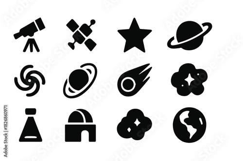 Space Icon Set. Space mass. Line icon set of space mass: planet, black hole, orbit path, asteroid, satellite, galaxy swirl, rocket, Earth, moon, mass