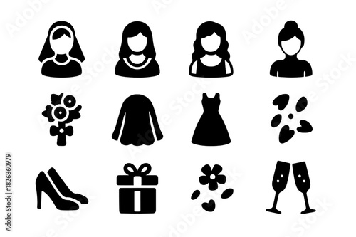 Bridal Icon Set. Bridal group. Solid icon set of Bridal group: bride, bridesmaid , bridesmaid , bridesmaid , bridesmaid , bouquet, veil, wedding dress, flower