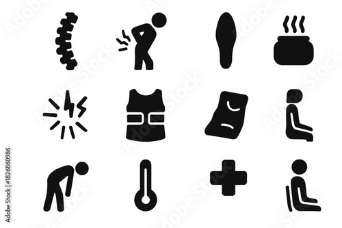 Spine Health Icons. Spinal Discomfort. Solid icon set of spine, person holding back, muscle, pain lines, back brace, hot pack, stretching pose, pillow, chair,