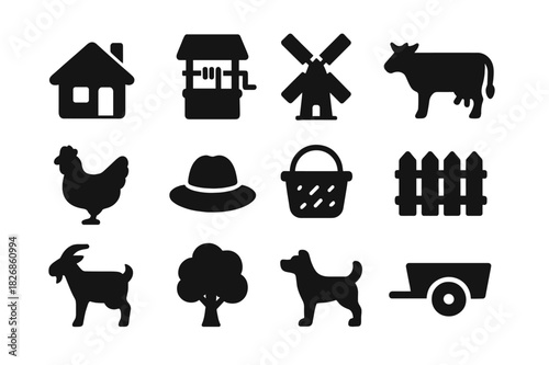 Village Life Icons. Village life. Solid icon set of village life: cottage, water well, windmill, cow, chicken, farmer hat, basket, fence, goat, tree, dog,