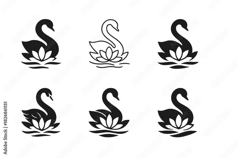 Naklejka premium Swan Logo Variations. Swans. Icon set. Set Logo of swans: pair of swans forming a heart shape with their necks. harmonious logo variations of the