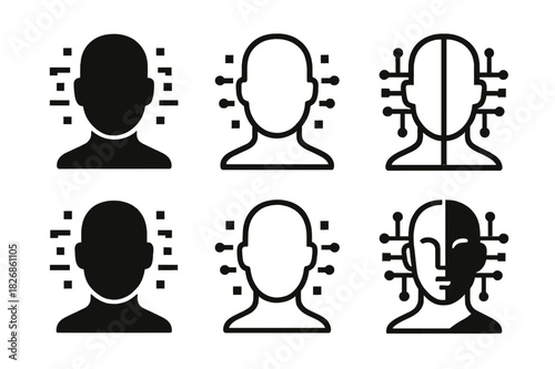 Digital Avatar Icons. Digital avatars and evolving identity. Icon set. Set Logo of digital avatars: virtual face grid. harmonious logo variations of the same
