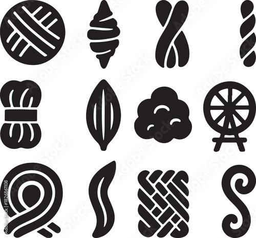 Brutalist Wool Icons Set – Handspun Yarn, Fiber Bundle, Spindle, Fluffy Wool Silhouette Collection.