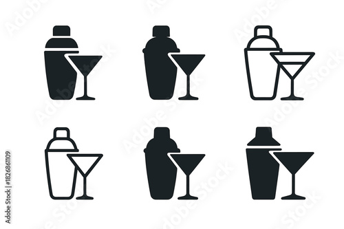 Mocktail Logo Variations. Mocktails. Icon set. Set Logo of mocktails: cocktail shaker and glass forming elegant pairing. harmonious logo variations of the same