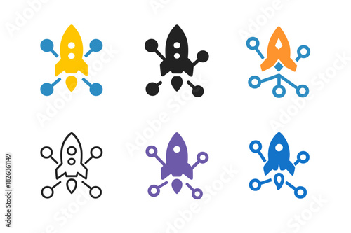 Innovative Startup Logos. Startups. Icon set. Set Logo of startups: innovation network. harmonious logo variations of the same emblematic concept, each with