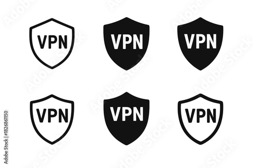 VPN Shield Icons. Remote work tools. Icon set. Set Logo of VPN shield. harmonious logo variations of the same emblematic concept (Minimal outline, Negative