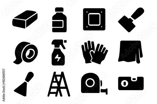 Wall Preparation Icons. Wall preparation. Solid icon set of Wall preparation: sanding block, primer, wall patch, putty knife, masking tape, surface cleaner,