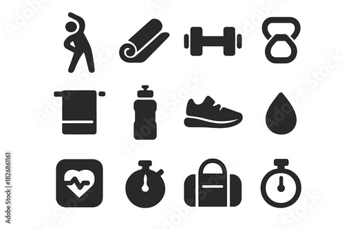 Exercise Cooldown Icons. Exercise cooldown. Solid icon set of Exercise cooldown: person stretching, yoga mat, dumbbell, resistance band, towel, water bottle,