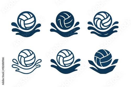 Water Sports Logos. Water sports. Icon set. Set Logo of water sports: water polo ball and splashing motion marks. harmonious logo variations of the same