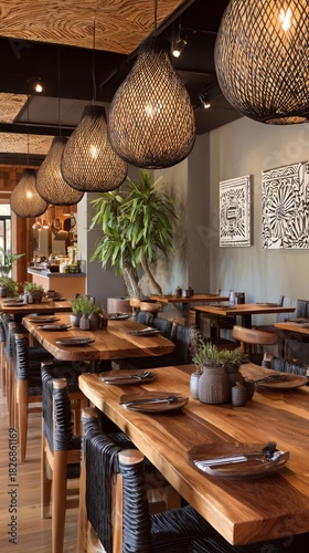 Modern Restaurant Interior Featuring Wooden Tables and Unique Lighting in a C...