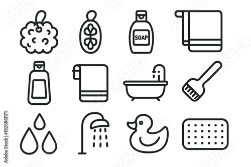 Personal Care Essentials. Personal care items. Line icon set of Personal care items: bath sponge, loofah, soap bar, shampoo bottle, shower gel bottle, bath