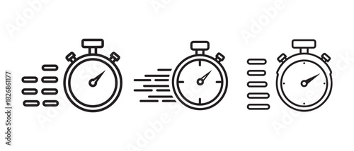 Stopwatch Speed Icons Set. Fast Time and Quick Measurement Symbols, Vector Icons for Speed, Efficiency, and Quick Delivery Service