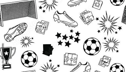 Seamless soccer pattern with balls shoes and trophy background
