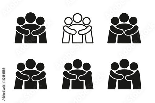 Shared Joy Icons. Shared Joy. Icon set. Set Logo of Shared Joy: Group Hug. harmonious logo variations of the same emblematic concept, each with different