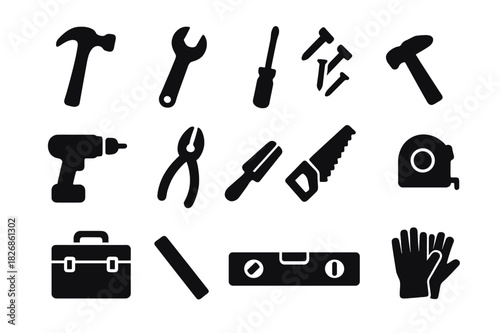 DIY Repair Tools. DIY home repair. Solid icon set of DIY home repair: hammer, wrench, screwdriver, nails, drill, pliers, saw, tape measure, toolbox, ruler,