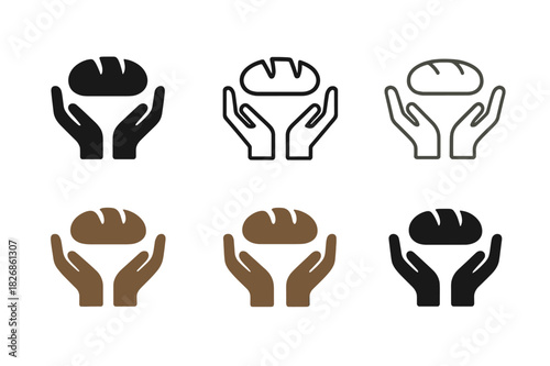 Food Symbol Logos. Need for food. Icon set. Set Logo of Need for food: open hands holding a loaf of bread. harmonious logo variations of the same emblematic